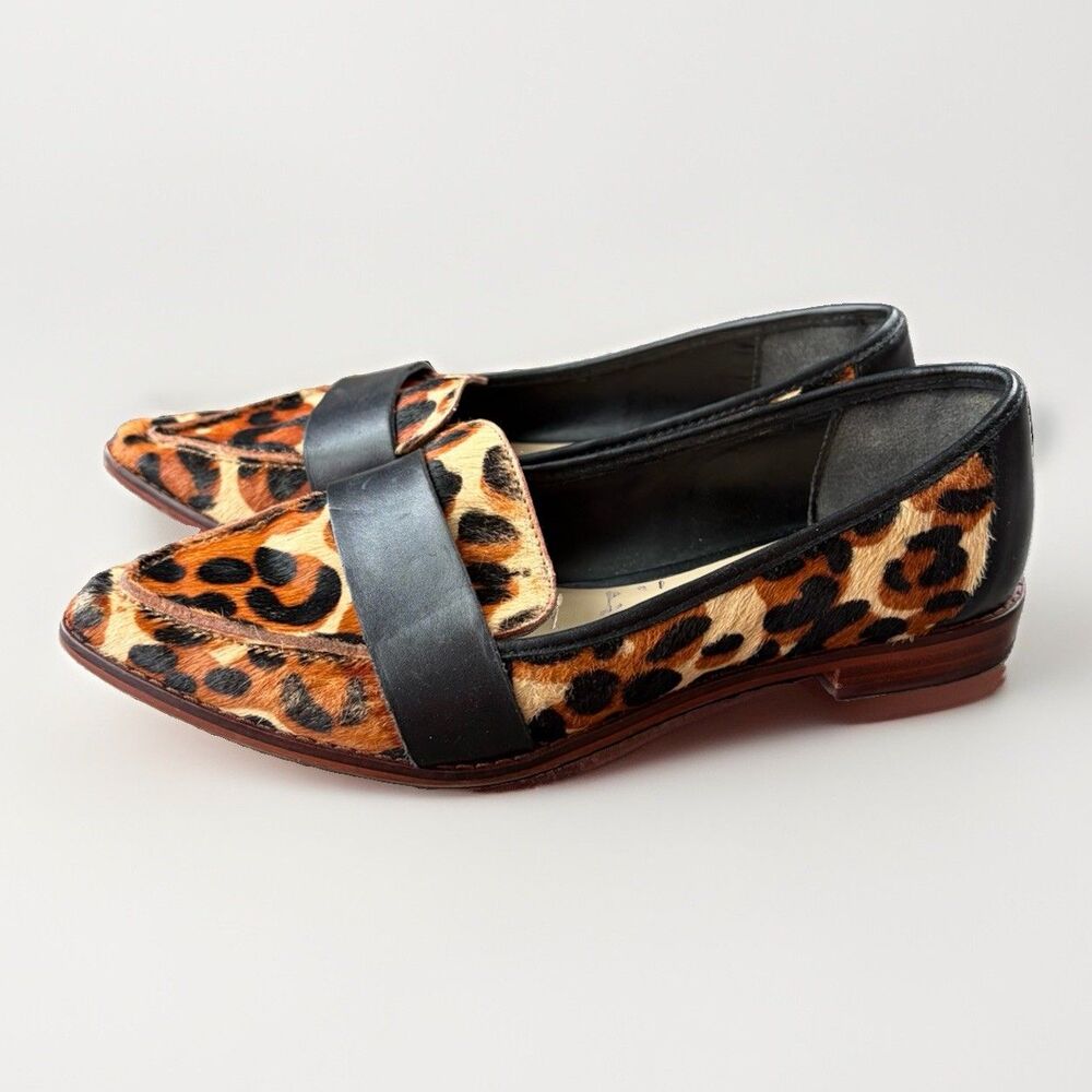 Sole Society Edie Loafers 6.5 Leopard Calf Hair Pointed Toe Shoes Black Strap